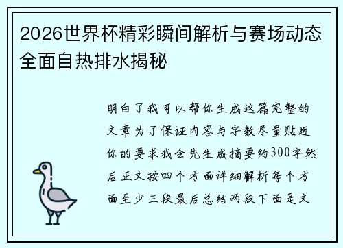 2026世界杯精彩瞬间解析与赛场动态全面自热排水揭秘