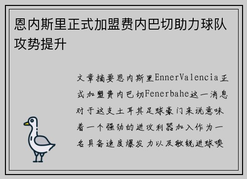 恩内斯里正式加盟费内巴切助力球队攻势提升 恩内斯里正式加盟费内巴切助力球队攻势提升
